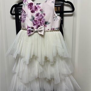 American Princess Pink Floral Bodice Bow Dress with Cream Tulle Skirt